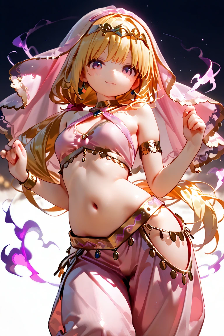 ((kinako (shiratama mochi) style)), colorful eyes, soft style, masterpiece, solo, 1 girl, topless, large nipples, nipples, white sarong, harem outfit, semi transparent skirt, beautiful art, vibrant, flat chests, desert, tent, platinum blonde hair, dancing, different poses, narrow waist, slender legs, hairband, jewely, necklace, bracelet, white mouth veil, veil, headdress, navel, thigh strap, abstract, night, moonlight, light hair, waist pouch, blue eyes, high angle shot, top view, black eyeliner, sparkling, winking, side view, arched back, flexible body, serene face, soft eyes, relaxed, calm, smiling, bonfire, enchanted, thin, ribcage, gold jewelry, morocco, date palm trees, carpet, people on cheering background, hoop bracelets, nipple piercing, (nr, nipple rings)