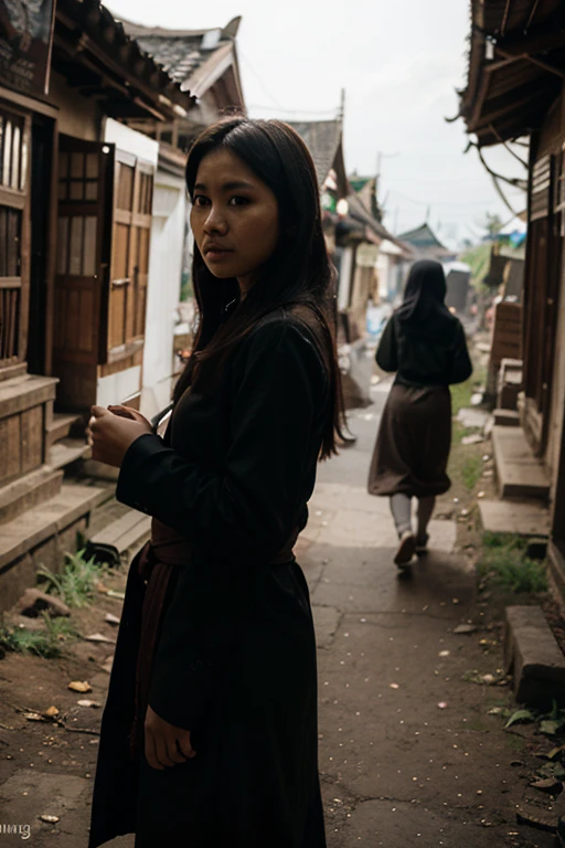 A beautiful Asian girl with white skin wearing a long black hijab had both her arms hung up With chain by several old men so that she looked very tormented and Fatigue .