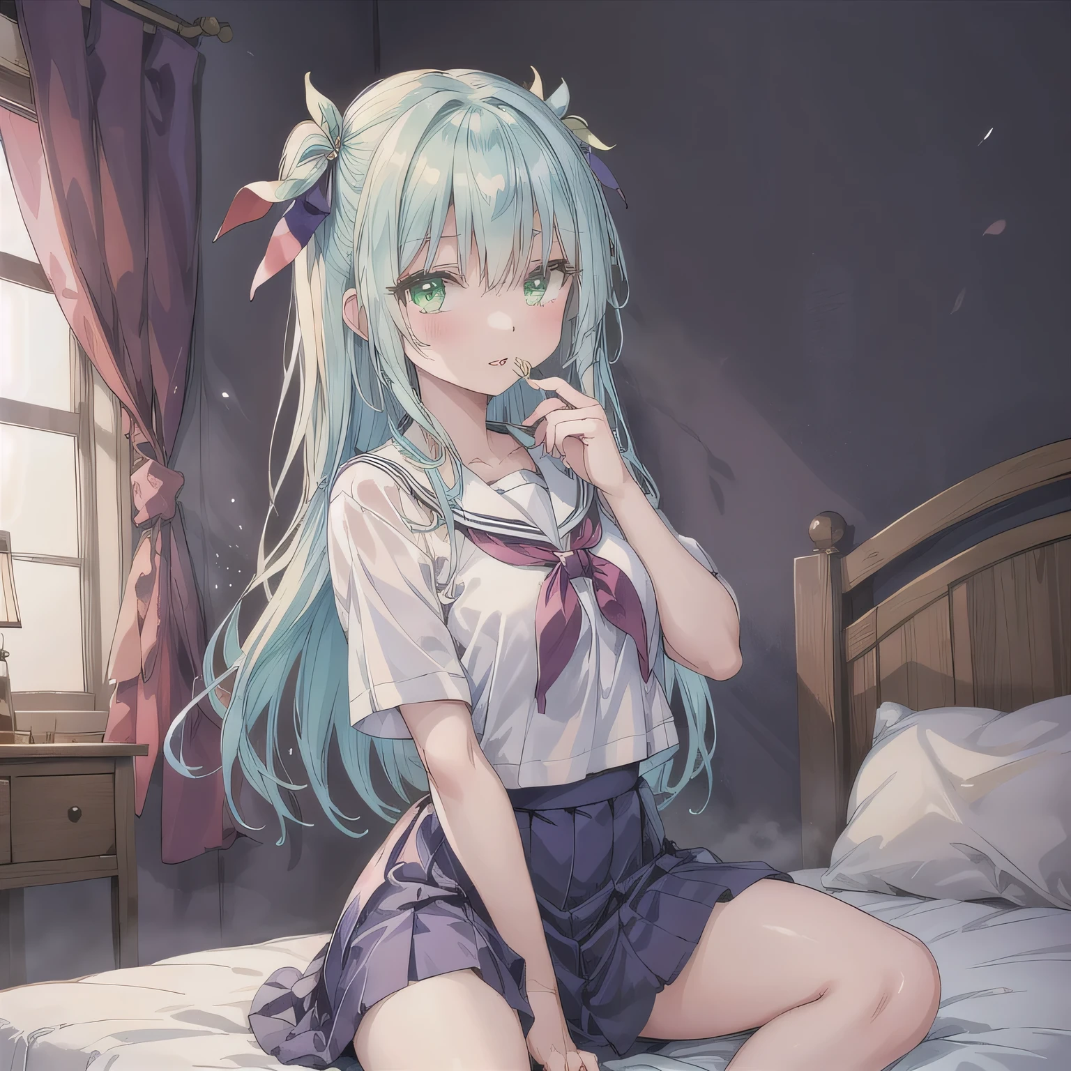 masterpiece, best quality, {{partially unbuttoned}}, loli, kawaii, long hair, ahoge, beautiful detailed eyes, aqua eyes, eyeball, heart in eye, cat_ears, nose blush , shy, blush, endured_face, medium breasts, sailor shirt, bare legs, no legwear, skirt lift, spread legs,  lying , shirt lift, expressionless eyes, side-tie_panties, naughty_face, half-closed eyes, sexy lingerie, excited, tai, wet, unbuttoned clothes,