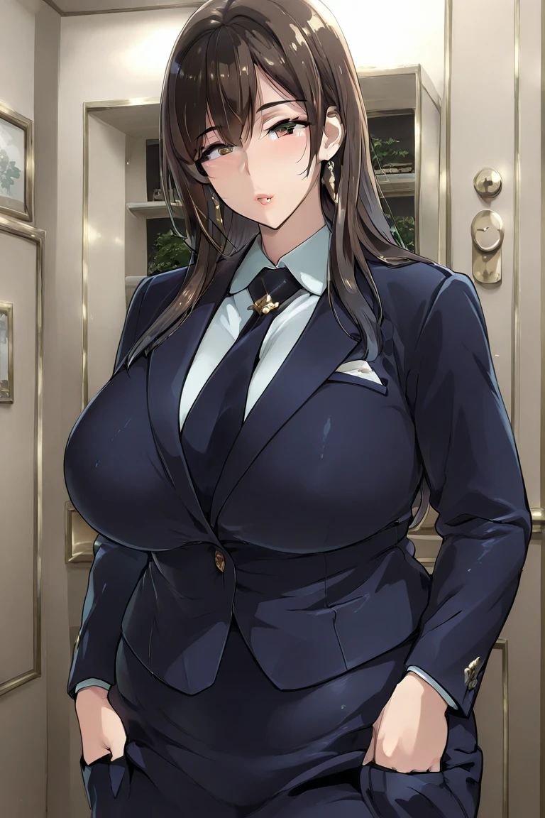 La mujer,chaqueta, chaqueta negra, camisa, corbata, corbata negra, tacones, casa al fondo, noche, muy detallado, Realistic long-term photography., 4k, pelo largo, brown hair, By the chestnut, labios rojos,sexy,red lips, brown eyes, big breasts, pechos grandes, breasts, pistola, gun