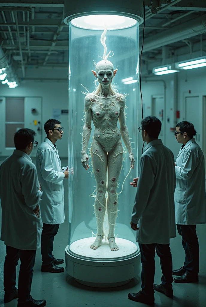 (best quality,highres),(realistic:1.37),(conceptual artwork),(portraits),(mysterious transparent creature with red blood being observed by scientists wearing masks in a laboratory),(detailed,scientific laboratory),(special containment unit),(advanced research facility),(intense focus),(bright,clinical lighting),(glass tanks),(scientific instruments),(biochemical analysis),(experiments),(exposing metamaterial properties),(startling visual impact),(hauntingly beautiful),(ethereal atmosphere),(subtle glow),(submerged in fluid),(unearthly,otherworldly:1.1),(enigmatic,intriguing:1.2),(elegant,graceful movements),(curious scientists),(meticulous documentation),(captivating,unpredictable),(discovering the unknown),(endless possibilities),(intense curiosity),(wh