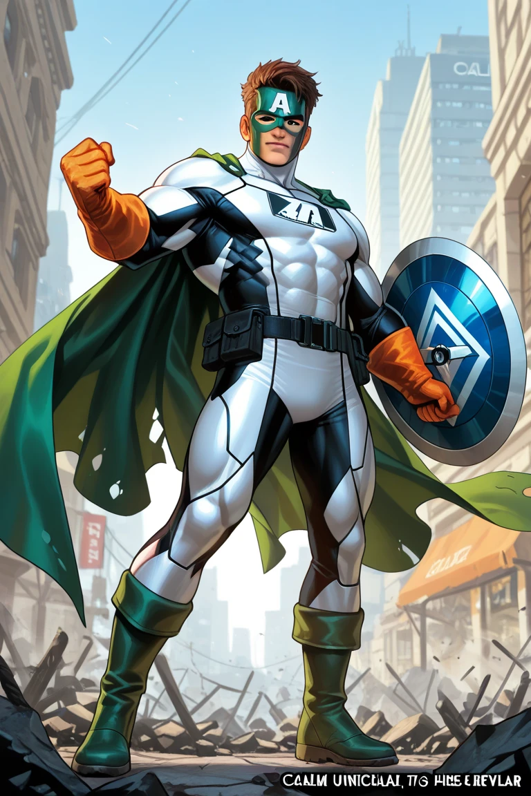 Create a highly detailed sketch of a modern male superhero who serves as the mascot for a medication brand. He should be powerful yet stylish, wearing an oversized costume in white and green colors. The design should emphasize modern, minimalist aesthetics, with smooth lines and high-tech fabrics that convey both strength and comfort. His outfit should include sleek gloves, futuristic sneakers, and subtle details that add to his powerful, fashionable look. The superhero should have a confident and commanding presence, with an expression that conveys calm strength and reliability. The background should remain simple, ensuring that this stylish, powerful hero is the center of attention.