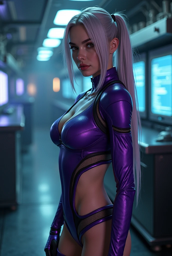 portrait, 1 girl, beautiful face, happy smile, asymmetrical hair, multi-colored hair, blue hair strands, belt, (stylish bodysuit), orange details, detached sleeves, grey eyes, open jacket, leggings, cute, look at viewer, neon, zipper down to stomach, night metropolitan, busy street, AmericanHeritage-Pos, dynamic pose