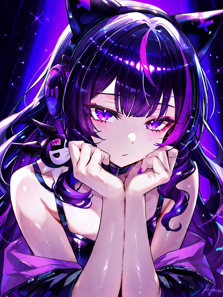 mujer anime de cabello muy corto negro con puntas lila con fleco y puntas lilas, delgada, with a black t-shirt dress and a heart-shaped opening on the chest. Her eyes are black with pink heart-shaped pupils., digital art manhwa oil painting