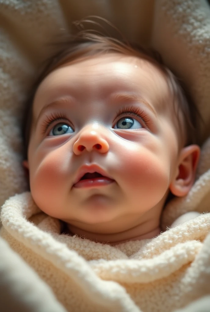Born baby boy with small eyes with brown long hair with big nose with big chicks
