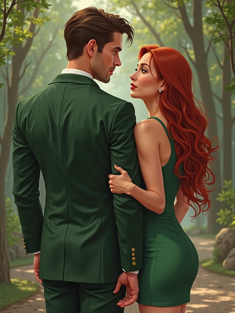 (Prompt), Illustration of couple, uma linda mulher ruiva, olhos azuis, vestindo vestido vermelho sensual, olhando para o espectador. homem com olhos azuis, cabelo loiro escuro, olhando apaixonado, levemente forte