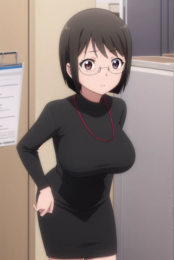 Lucy Yamagami, short hair, black hair, (black eye:1.5), Ahoge, Glasses,pants, sweater, turtleneck, ID card, strap,Expressionless,(big breasts:1.5),looking at the viewer,Are standing,((masterpiece)),((highest quality)),perfect ???????,8K UHD,highly detailed face,luster and luster,((1 girl)),((alone)),(beautiful and fine eyes:1.5),perfect image,(Upper body:1.1),(look ahead:1.1),turn your arms behind your back,slim waist,shiny hair,office room,
