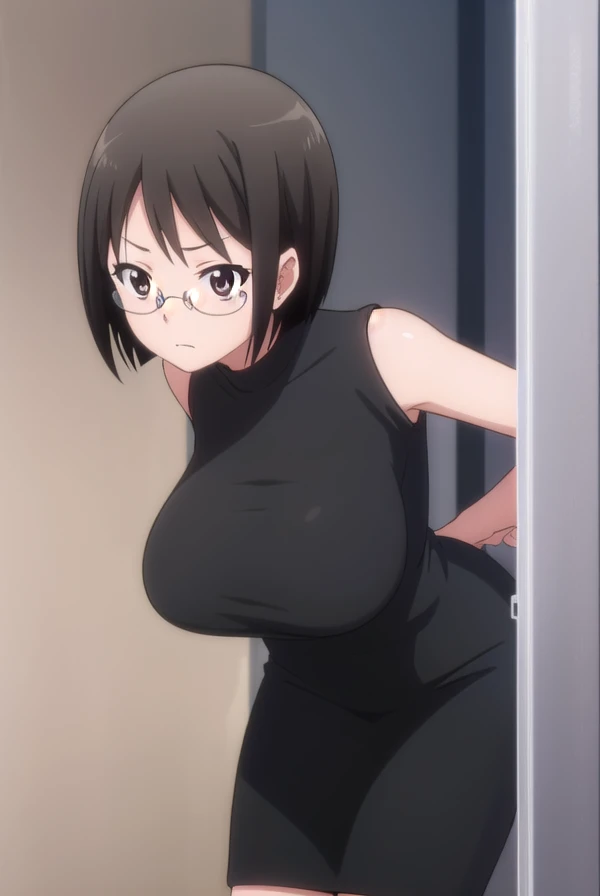 Lucy Yamagami, short hair, black hair, (black eye:1.5), Ahoge, Glasses,pants, sweater, turtleneck, ID card, strap,Expressionless,(big breasts:1.5),looking at the viewer,Are standing,((masterpiece)),((highest quality)),perfect ???????,8K UHD,highly detailed face,luster and luster,((1 girl)),((alone)),(beautiful and fine eyes:1.5),perfect image,(Upper body:1.1),(look ahead:1.1),turn your arms behind your back,slim waist,shiny hair,office room,