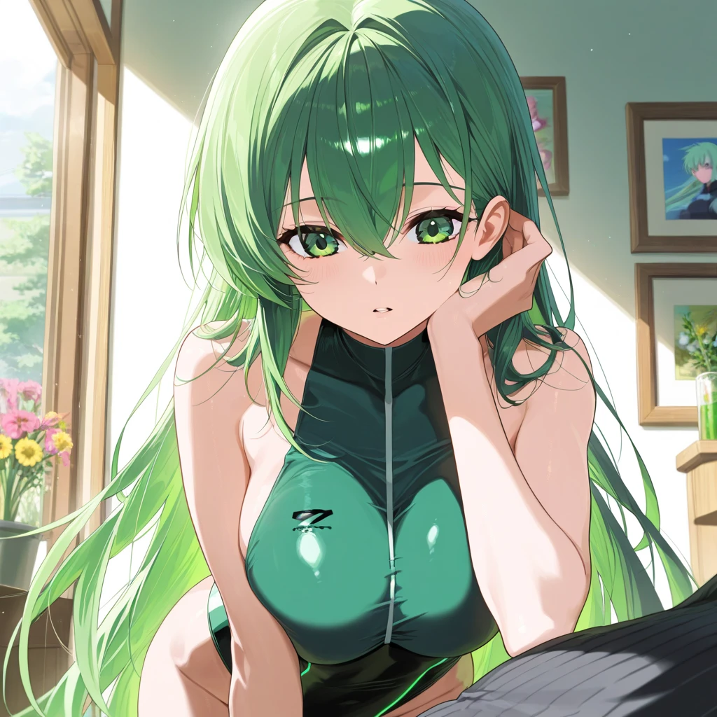 Create an anime character of an 17 year old girl with long hair, light green hair with Flat bangs and green pupils, a firm eye shape and a cheerful and naughty personality, she wears slightly sexy clothes Showing chest and wearing headband on her hair
