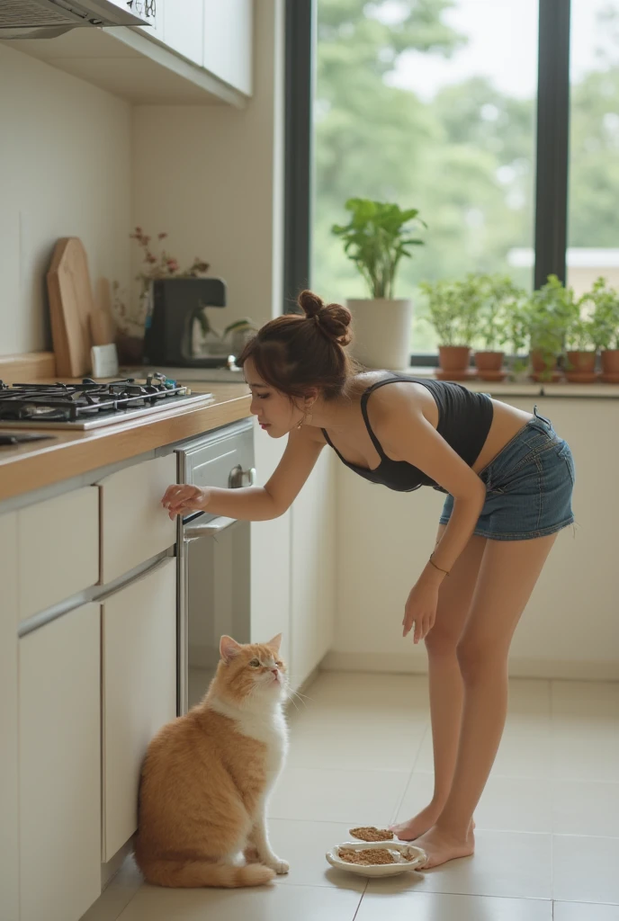 8 k realstic image, iphone, realstic minimal wallpapers, gold and white or orange and white cat realstic girl cat image. It's all dark. It has a light bulb hanging on a rope. A cocroaches scared of a girl cat and around that kitchen. Beneath it, a cat runs to catch it.