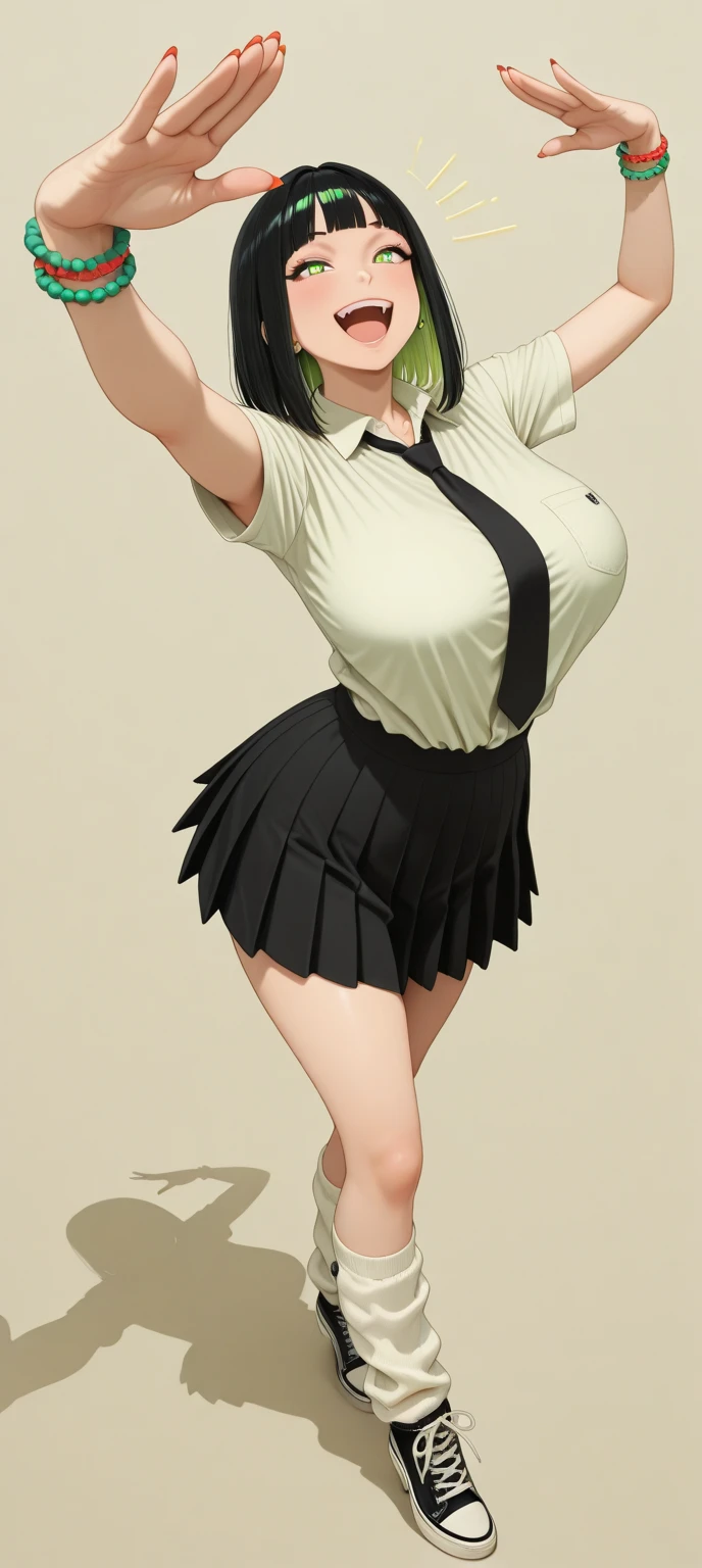 1 girl, game CG,1 girl, game CG, plain black T-shirt, white short skirt, hair scrunchie, (gigantic breasts:1.2), blonde, middle hair, side ponytail, green eyes,scrunchie,(single color background:1.1 ), full body, toe, standing, smiling,