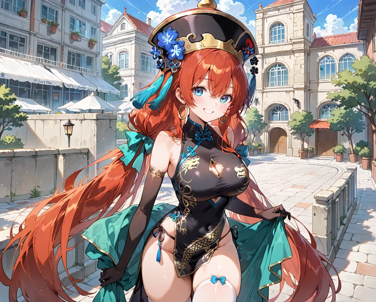 a woman, smiling with big breasts in a city of Rome
