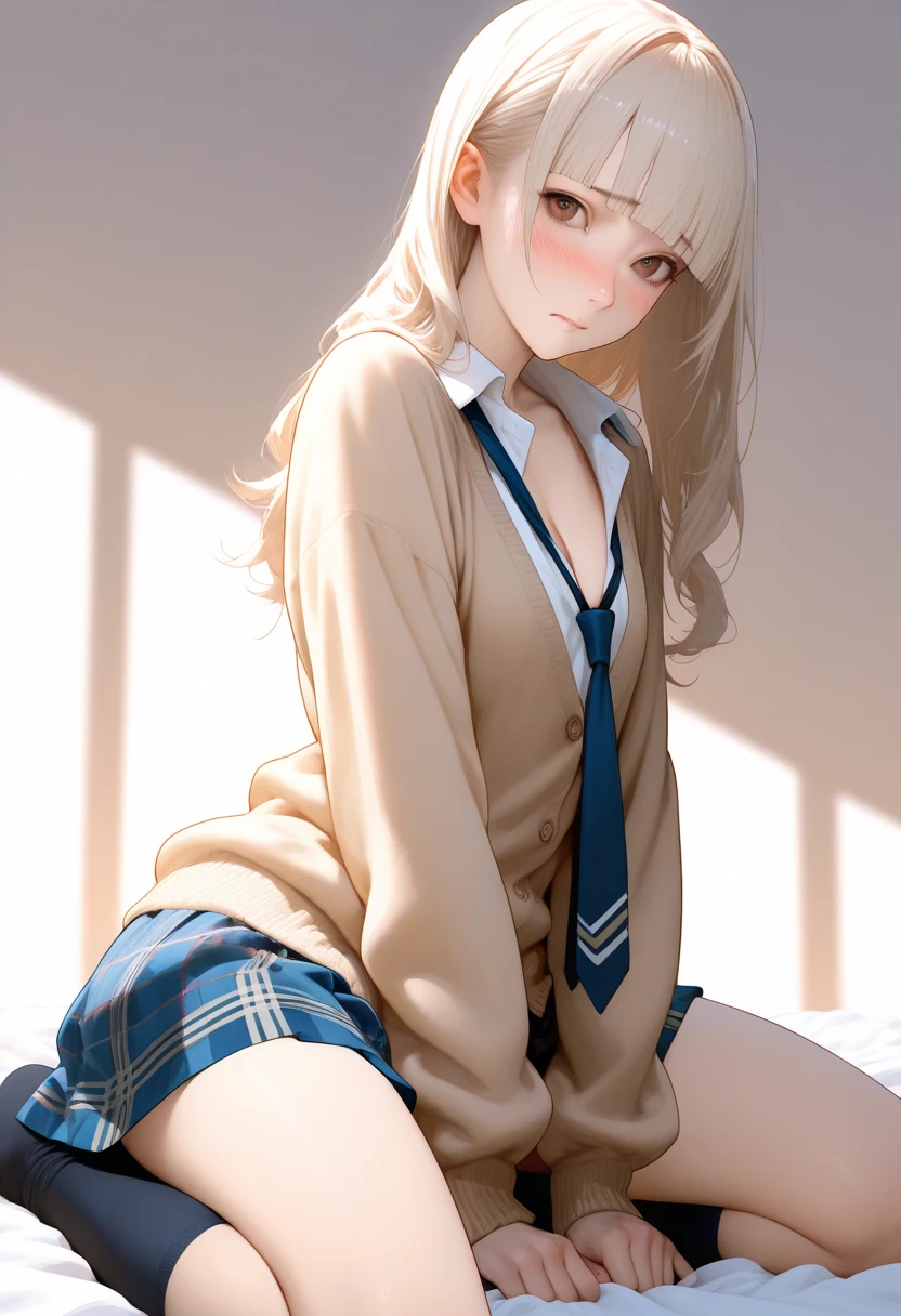 Realistic, Lip gloss, Realistic, Highest quality, Ultra-high resolution, depth, pastel colour, Natural Shadows, Focus on the face, Just a face, Looking at the audience, Shortcuts, Blonde, Brown, narrow eyes, (masterpiece, Highest quality), 1 Girl, alone, from the front,
(shut up), smile, Part your lips,
Shiny skin, Thick thighs, White panties,
, Serap, Pleated skirt, loafers, Black socks, squat, indoor, Looking at the audience, Anatomically correct