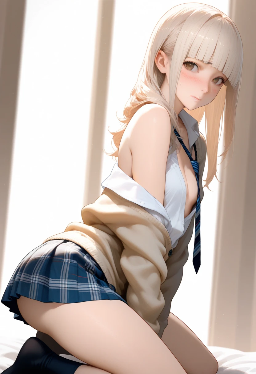 (((night,真night中))),((Dark atmosphere)),((Perfect Anatomy:1.2,Realistic:1.3,Raw photo:1.3,masterpiece、highest quality、Ultra - High resolution、High resolution、Extremely detailed CG、8k)),((attractive way to sit)),((((Crouching pose)))),1 female,alone,18-year-old、High school girl beautiful girl,Japanese,((Beautiful and exquisite face and eyes:1.2,Big beautiful eyes:1.0,)),(Brighten your eyes),((Beautiful woman))、Blonde,Long Hair,(Center parted hair:1.4,amount),Medium chest,((slim body)),Small Head:1.3,skinny,(Brown Skin:1.8),(Oily skin,Glowing Skin,Shiny skin,Sweat:1.2),(((school uniform、Dark blue blazer jacket、((White Shirt))、Checkered pleated mini skirt))),(prostitution),((show off bra:1.2)),Dirty back alley、Tokyo、((Turn your body forward)),(lonely),((Feeling melancholy))、Stick out your crotch、(Apathy),(Lucky)、((Expressionless))、(Feel the shadows)、I pretend to be calm, but I'm actually anxious、(((Wearing dark underwear:1.6)))