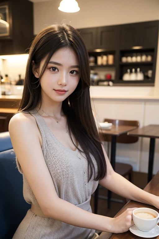 Tabletop, Highest quality, shape, Very detailed, finely, High resolution, 8k wallpaper, 完璧なダイナミックな構shape, finelyて美しい目,Long Hair, Center of chest, Natural color lip, Random sexy poses,smile,24-year-old woman,Cafe,coffee