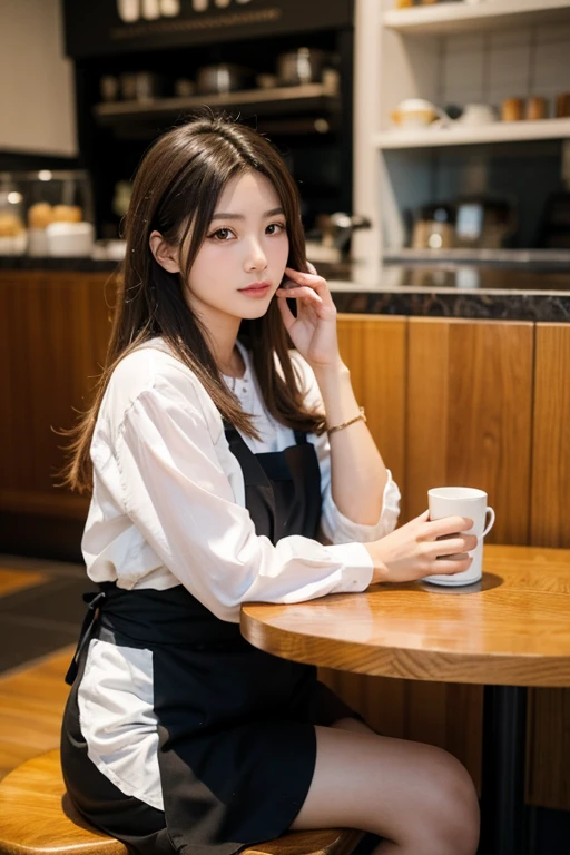 highest quality, masterpiece, ultra high resolution, (realistic:1.4), (close portrait) Raw photo, 1 girl, 22 years old,(((fashionable cafe))),((long hair chignon)),(black shirt and black pants),((waist apron)),masterpiece, realistic pictures, japanese pictures, fuji negative film, saturation, contrast, Pocari Sweat Advertisement ((small breasts)),((smiling showing teeth)),,brown hair,