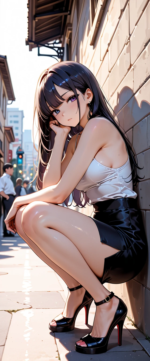 (best quality, masterpiece, official art, highres:1.2), extremely detailed CG unity 8k wallpaper, ultra detailed, portrait shot of slutty girl, eye contact, short shirt, city background, multicolored hair, black hair, long hair ,<lora:Lessar:1>, blue eyes