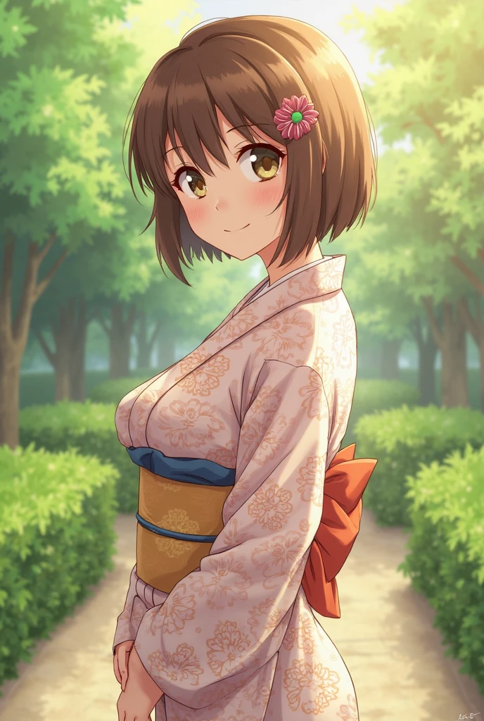 big breasts, brown hair, brown eyes, Wave Shorthair, bangs, blush, smile, bright, Cute kimono, cute hair accessories, Undress and show your breasts, pink nipples, sunset, selfie, rural scenery,