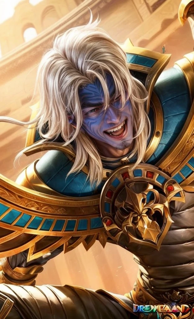 masculine male, masterpiece, ((perfect eyes)) best quality, (semirealism:1.9), beautiful lighting, (extremely detailed CG unity 4k fhd wallpaper), High Detail, Sharp focus, dramatic outdoors,40 years old, brown short hair, blue eyes, smile, Boy with two big horns, big earrings on ears, elf ear, red eyes, Thick eyebrows, evil smile, grinning,red body, red face, Burning skin, yellow diamonds glistening on chest, burning red skin,golden robe behind, big white belt , 8k , realistic, scary.