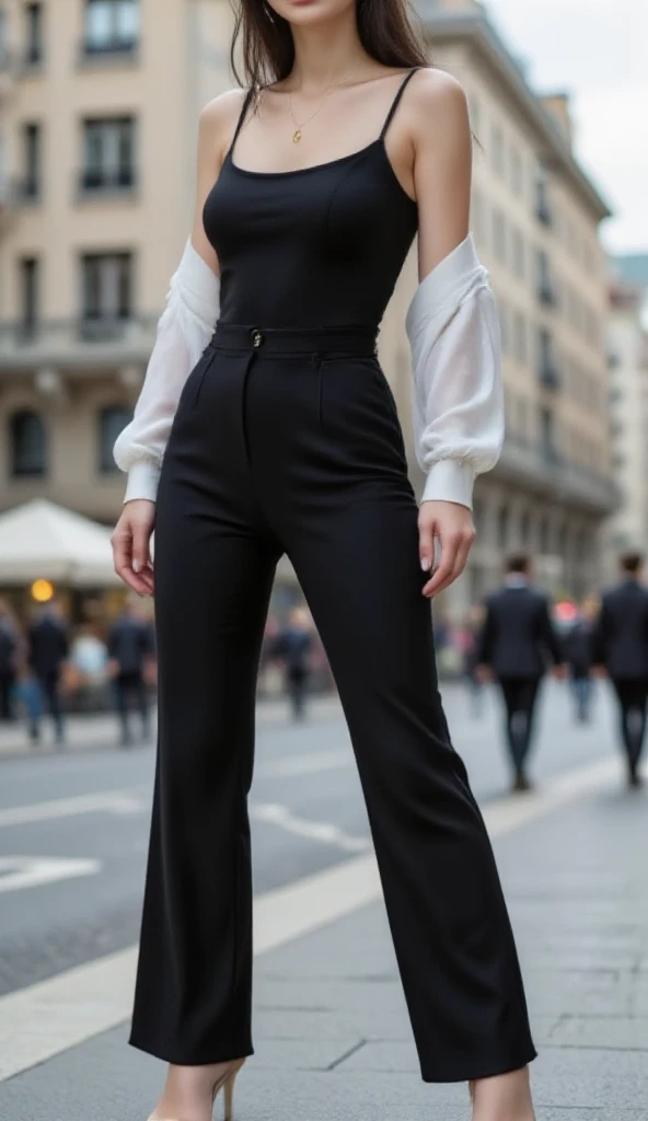 paparazzi shot of SCANTILY CLAD woman, RAW portrait photo of beautiful young sks woman, Turtleneck bodysuit and high-waisted trousers, natural lighting, by Peter Lindbergh, detailed face, UHD, absurdres, epic scene composition, 
cinematic look, Fujifilm XT3, dslr, high quality, film grain