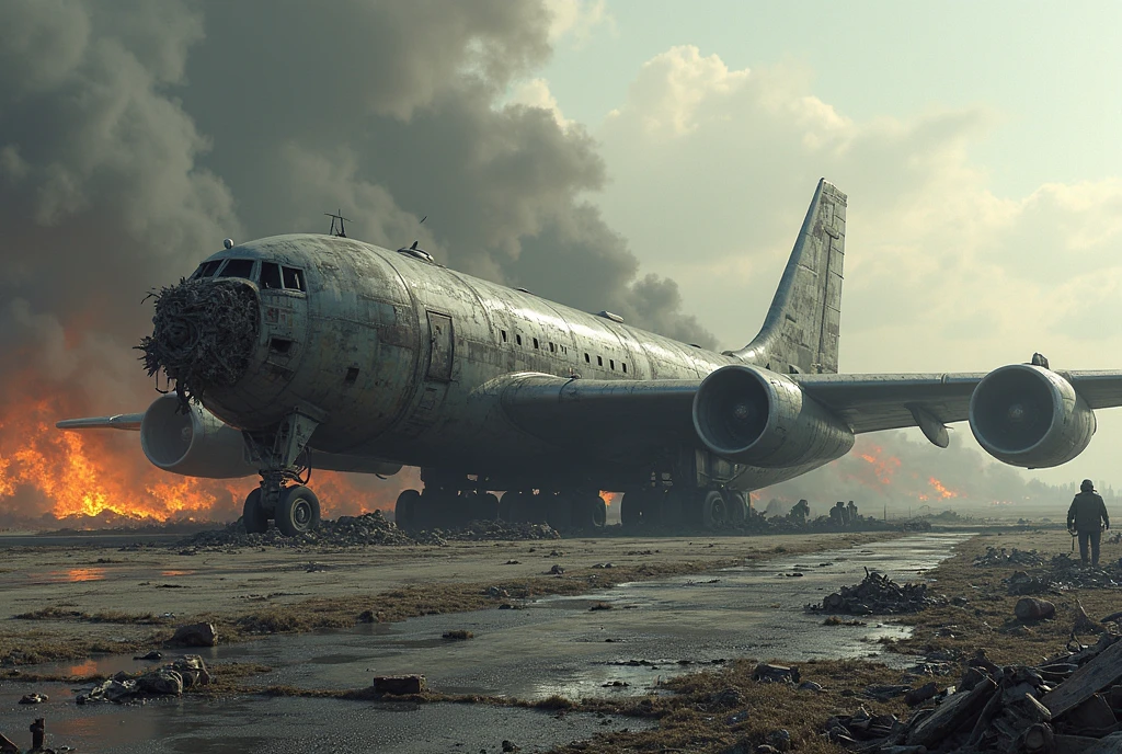 destroyed russian bomber aircraft on a runway, black smoke, chaos in background