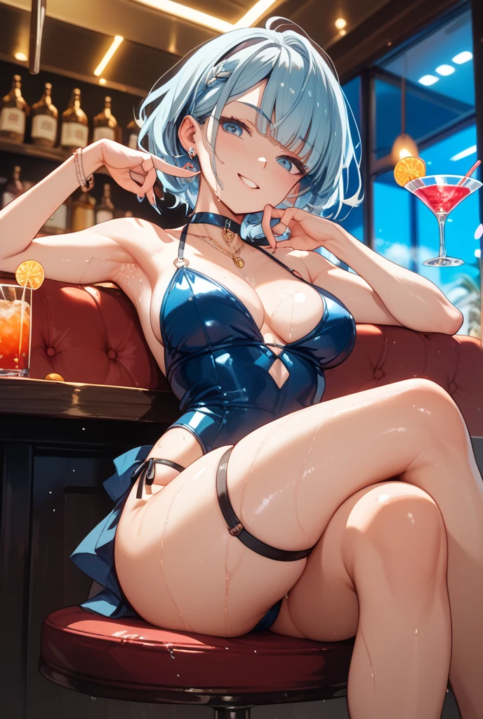 (Highest qualityのイラスト:1.2), (pretty girl:1.1), (1 girl、17 years old),(1 girl、smile、Round eyes:1.2)、Bright blue hair、Short Bob Hair、Bunny girl、Bunny ears、Blue leotard、Fishnet tights、High heels、Medium chest、Café Bar、smile、masterpieceサイドライト、masterpiece、Highest quality、detailed、High resolution illustrations), Soft Focus