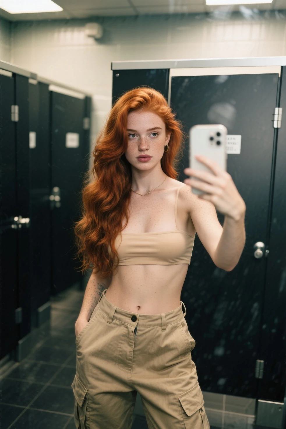 Selfie, Caucasian Irish redhead Woman , in public toilette selfie in tight tshirt and thong, freckles , moles, realistic skin pores, bad quality,  In dark room girl 35years old