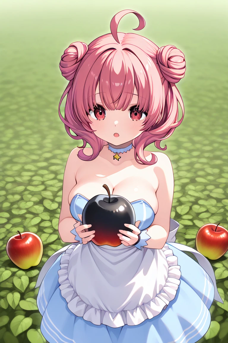 Large breasts, Cute girl, holding a , 2 feet tall kid ,1 year old boy, big sized breast, open neckline, white apron, sleeveless, cleavages, ultra realistic eyes , garden outside, pink cooler hair, bright green eyes, ultra realistic detailed eyes, innocent eyes, looking at camera, long hair,
