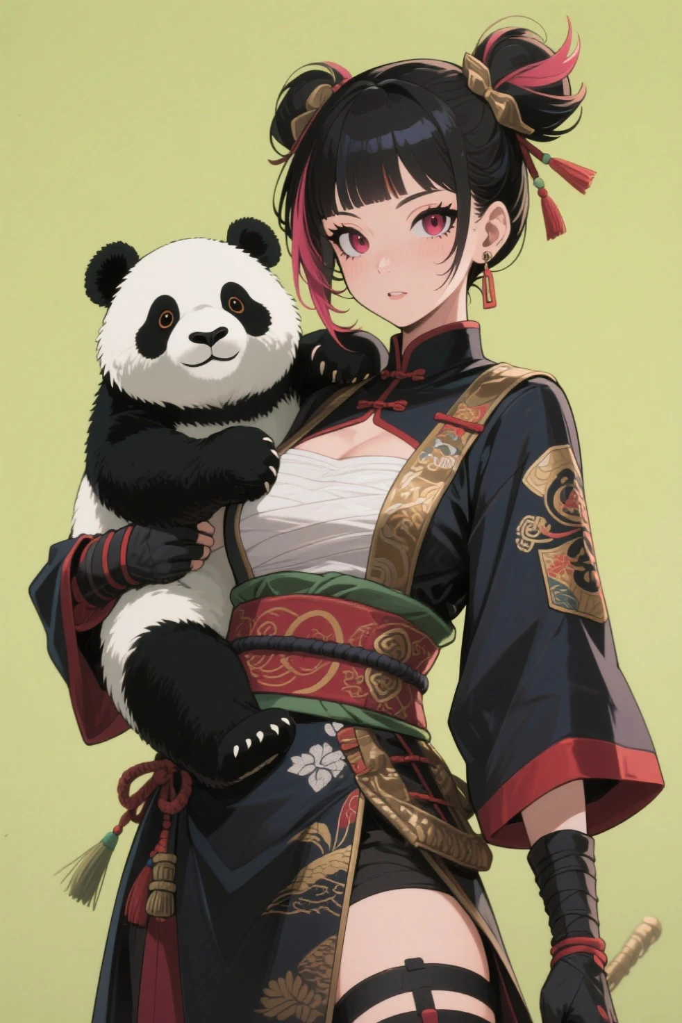 young woman, big fluffy panda ears, black hair, white hair, multicolor hair, realistic body, slim toned perfect hourglass, green eyes, medium breast size, slender, fit body, panda mittens, panda claws for hands, working out, power training, martial arts, in dojo, fighting a dummy, fantasy setting, fantasy background, string, sensual attire, short kimono