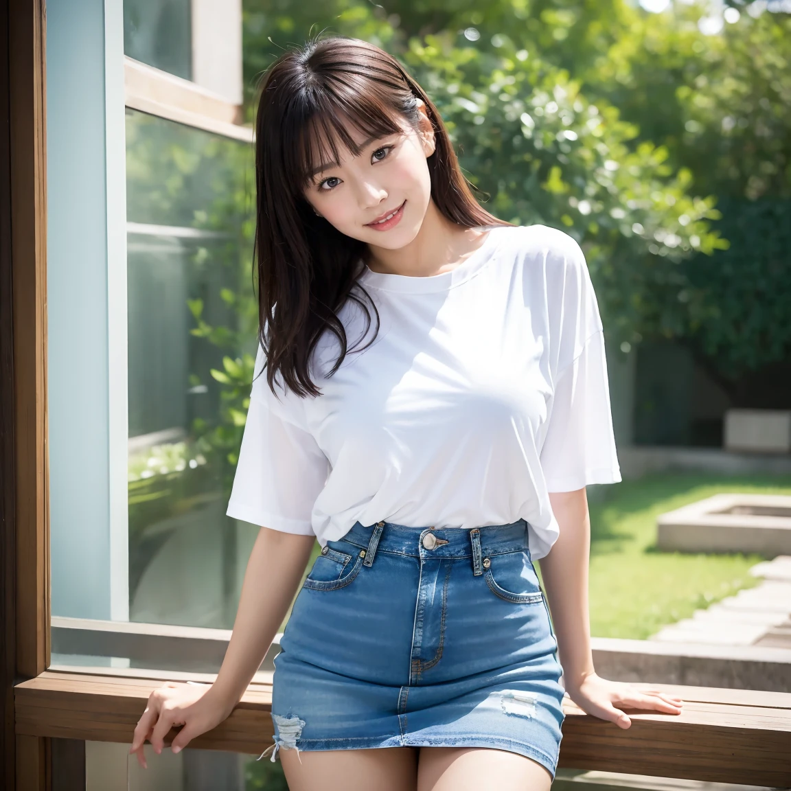 (8k, RAW Photos, highest quality, masterpiece:1.2), Super detailed, Super Resolution, (Realistic, Realistic Photo:1.37), Portraiture, High resolution RAW color photos, Professional photos, Very detailed and beautiful new, Very detailed, Amazing detail, Large file size, Official Art, highly detailed CG unity 8k wallpaper, very detailed beautiful girl, Very detailed顔, Very detailed目, Very detailed肌, Very detailed指, Very detailed鼻, very detailed detailed mouth , Perfect Anatomy, Very detailed background, very detailed clothes, 1 girl, (18:1.2), 20th Generation, Cute girl, Realistic body, small, Fair skin, Glowing Skin , ((Plump))、 handsome body, brown hair ,Long Curly Hair, (Blunt bangs:1.2), smile,  Cute face, Realistic face, Delicate eyes, Droopy eyes, Sky Blue T-Shirt, Short skirt, Looking at the audience, Cowboy Shot, Look forward, Standing position, Opposition, Dynamic Lighting, big breasts,