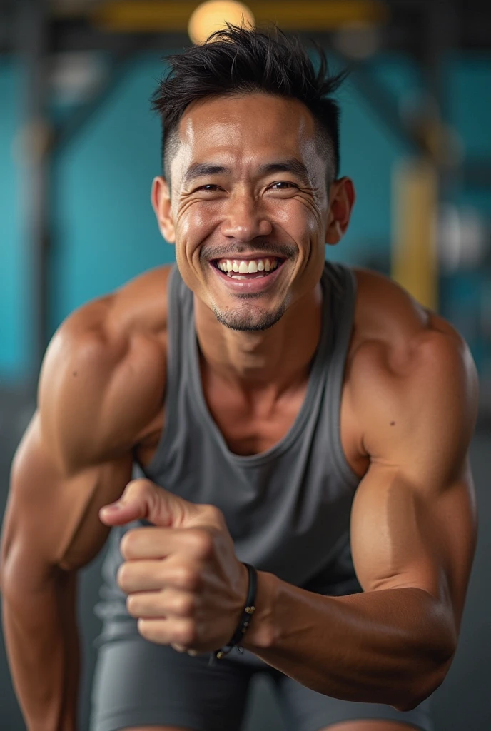 generate a master photograph describing a shapely Man, a fitness model performing a challenging core workout in a modern gym, (8K, best quality), smile, brown hair, black hair, (hard chest, six pack, v cut), He is in a plank position, showing off his defined abs and strong arms. The gym background is sleek and clean, with natural lighting enhancing his physique, (He has sexy buttocks, Most sexy booty, Most sexy glutes), Manly, Mancore, (He has fit hips, sexy hips, sexy fit hips, extremely sexy hips), (asian skin, glistening skin, beautiful complexion), shot on Fujifilm superia, (Studio soft light, high detail, cinematic lighting, rim lighting), Style: (hyperrealistic, by DynastySeries FashionNova, photo, {{{masterpiece photography}}}, analog photograph, professional fashion photoshoot, trending on artstation, synthwave, krrrsty), Quality: (photographed, masterpiece, highest resolution), Definition: (highres, sharp focus, 8k uhd, ultra photo-realistic resolution), Film: (80 mm, shot on portra 120, shot on Fujifilm), Resolution: (extremely detailed, (sharp focus:1.5), cinematic lighting, dramatic lighting, ultra photo-realistic), luxury: