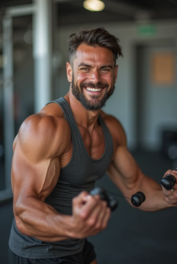 cute men in the gym doing exercises  muscular men arriving at the gym greeted with a smile  another pretty boy in the background  