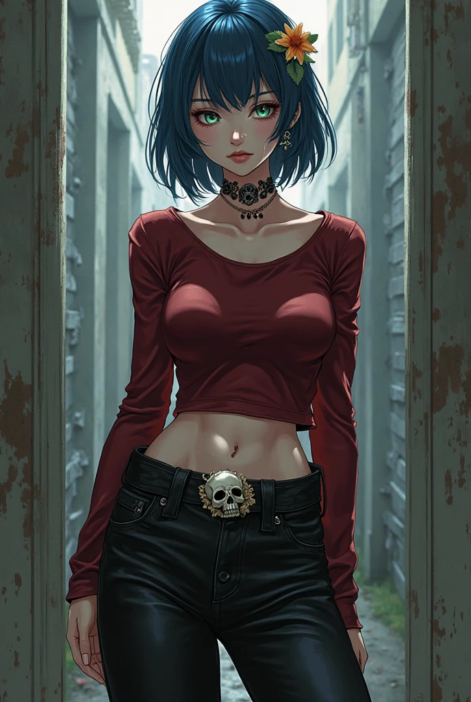 ((top-quality、8K、32K、​masterpiece、nffsw:1.3)), (superfine illustration)、(超A high resolution), (((elegant makeup))), (((1girl in))), (((long bob haircut ))), 25-year-old cyberpunk girl with a perfect body, Shoulder pads with metal spines, Gladiadores in Brooklyn, ((perfect body, )), Small leather panties, Torn shirt, Almost naked in Simon Bisley's urban savage style, short bluehair, Minimum clothing, Metal protection on the left arm with complex graphics, Dark red with white stars and blue and white stripes, s Armor, Full of tips and rivets, Poison tattoo (((From the knee up))), short dark blue hair, In the background、 There is a wall with an intricate design painted by Shepard Fairey, bella thorne