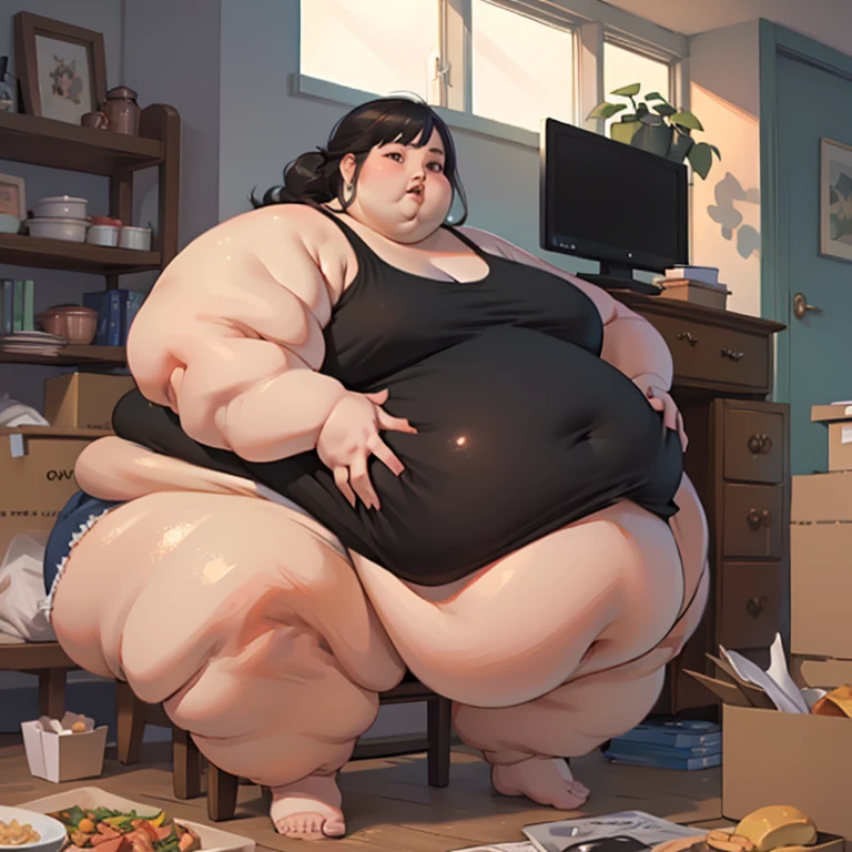 (masterpiece, detailed, realistic:1.3), young korean woman, USSBBW, (morbidly obese, fatblob:1.5), (detailed face, beautiful face), (guilty expression:1.3), high aesthetic, student, tight skimpy undersized clothes, sitting at desk, surrounded by junk food