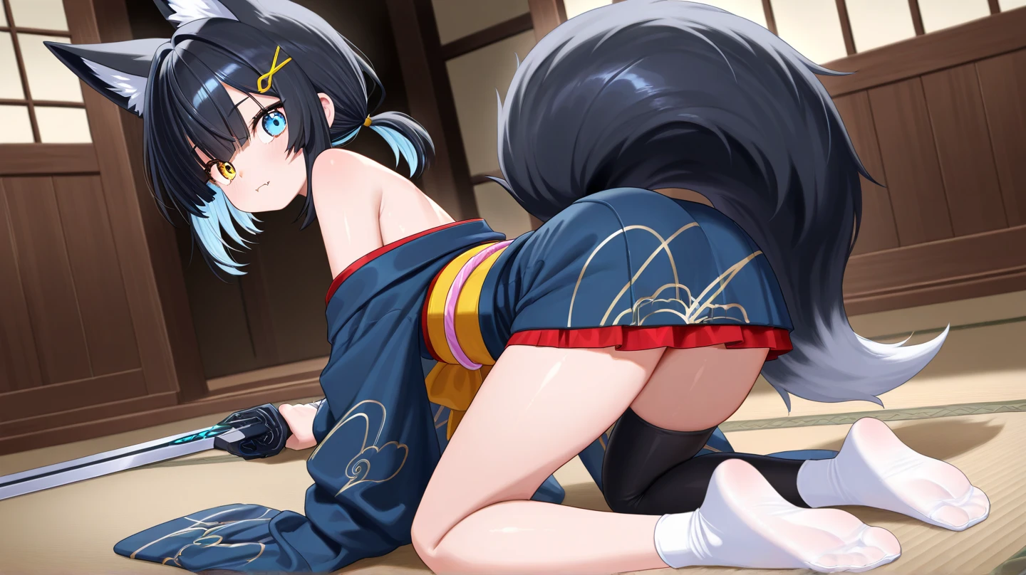 a porn art photo of toon porn cartoon cat woman big tits ass, 1girl, breasts, nipples, solo, ass, barefoot, animal ears, japanese clothes, looking at viewer, gigantic breasts, condom, open mouth, used condom, kimono, feet, blush, 