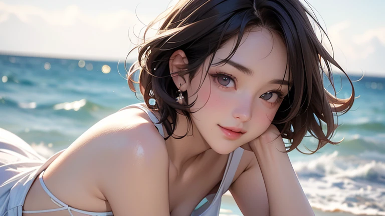 raw photo, 1girl, cute face, beautiful face, medium breast, sleeveless blouse,  White blouse,open chest erea, light smile, body, detailed skin, pore, beach background, frontal face, wallpaper, photorealistic, anatomically correct, masterpiece, best quality, UHD,Masterpiece