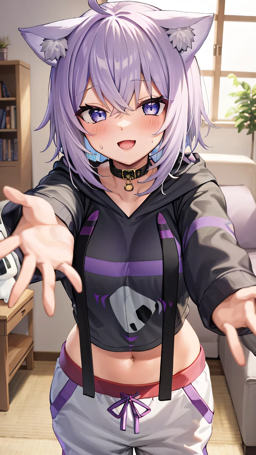 {{{masterpiece}}}, (best quality:1.5), (ultra-detailed:1.5), {illustration}, {{an extremely delicate and beautiful}}, (beautiful detailed eyes:1.6), absurdres, highres, extremely detailed face, 16k, hd, visual anime de uma jovem mulher, extremamente bonito rosto de anime, anime melhor garota, (perfect hands, perfect anatomy), anime face, Nekomata Okayu (Hololive Gamers), 1gril, solo, cute face, okayudefault, cat girl, short hair, purple hair, cat ears, animal ear fluff, ahoge, crossed bangs, sidelocks, (purple eyes:1.3), cat tail, medium breasts, big hips, curvaceous, BREAK, aaokayu, black hoodie, (print hoodie(onigiri print:1.2)), short hoodie, black collar, black hood, hood down, long sleeves, black sleeves, animal collar, (white sweatpants:1.5), BREAK, INCOMING HUG, INCOMING KISS, open hand, beckoning, reaching, outstretched arms, stretch fingers, palm, sorriso alegre, open mouth, flushed cheeks, standing, indoor, living room