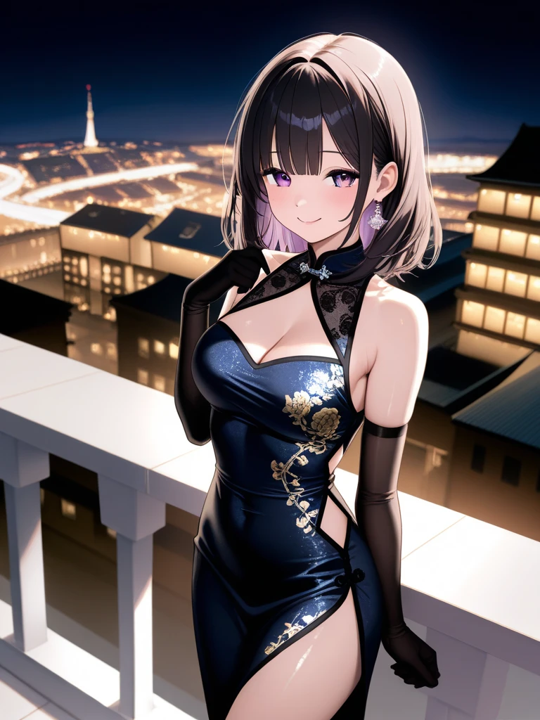 8K, (masterpiece, best quality:1.3), ((bokeh)), (short focus lens:1.4), anime style, Japanese, 1 lady, medium shot, (face light), cinematic lighting, sharp focus, (Left to Right Balance), beautiful eyes, (Perfect Hands,Perfect Fingers,Perfect Limbs,Perfect Body,Correct Human Body,Perfect Image Realism,Perfect Anatomy),
(shiny skin, detailed skin),
(black hair1.3), center-parted short bob:1.3, purple eyes,
wearing trendy outfit, long sleeve sheer mini dress, puff sleeve mini dress, black and purple abstract print pattern, Tie-dye pattern, Silver chain necklace, piercings, silver bracelet, professional and calm demeanor, casual pose,
busty, sexy body,
(lovely smile),
(beautiful scenery), (modern train station during daytime, spacious concourse, glass and steel architecture, sunlight streaming through large windows, people walking, digital information boards, clean and sleek design), very wide, panorama view, sense of depth, magnificent view,
