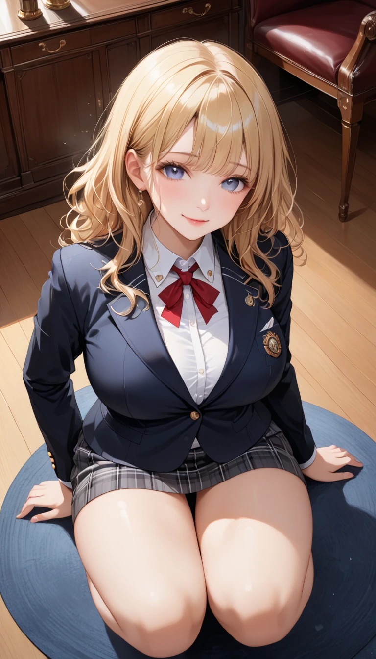 nswf,Arisburg, Alice Zusberg, bangs, blue eyes, Blonde, Hair between the eyes, Very long hair, Braiding, hair band, 白いhair band,((Blazer and Checkered Pleated chool uniform)) Cute girl with undisputed body、[3D Images:1.25],[[Attractive eyes,Detailed eyes、Colorful eyes、Shining Eyes:1.25]]、 highest quality, High resolution, Unity 8K Wallpaper, (figure:0.8), (Beautiful fine details:1.16), Highly detailed face、Dress appropriately, Beautiful fingers、 Elegant,Ultra-precision、[[3D Images]]、[[High quality anime girl with brown hair and brown eyes]]、(((頭からつま先までの構figure)))、(Black knee-high socks)、(loafers)、((skirt lift:1.3))、(((White panties are visible)))、((open legs:1.5))、(((Raise both knees:1.4)))、((((Squatting pose))))、blush、(((Sitting)))、((((Normal position):1.5)))、((Detailed depiction of the crotch))、((Spread your legs wide:1.5))