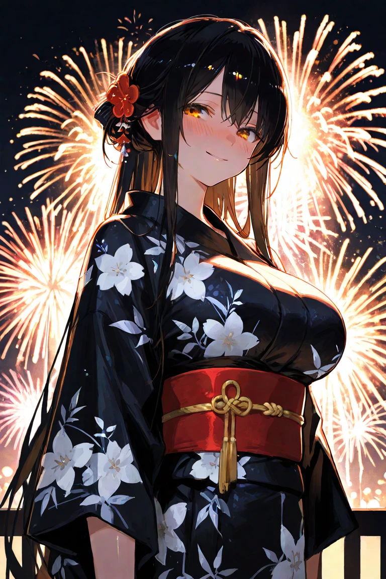 "anime girl, 1 person, dark brown hair, ponytail, ponytail, hairpin, brown eyes, kimono, dark brown kimono, elaborate patterned outfit, stockings, large breasts, blushing , solo, view from different directions, night, festival, New Year's Eve fireworks, watch fireworks (full HD Image 4K+)"