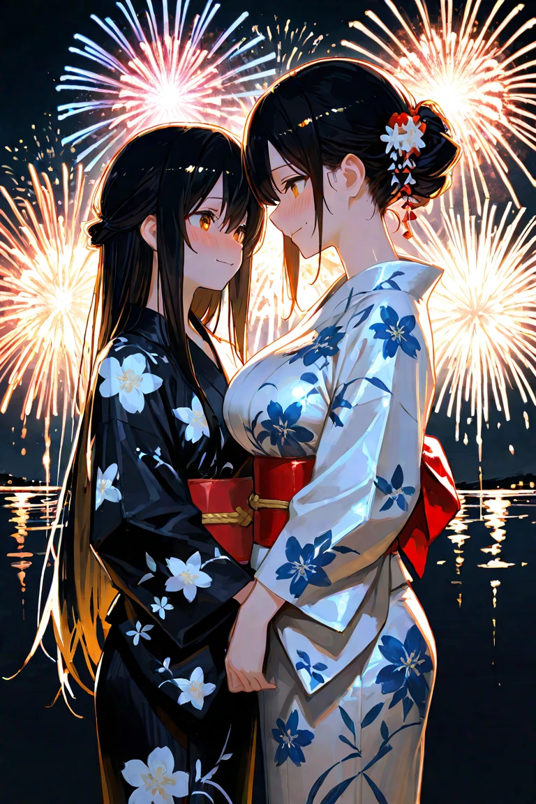 Fireworks Night、Many fireworks are launched from the riverbank in the background.。The 25-year-old man was wearing a simple brown jinbei.、The woman is 17 years old and is wearing a floral yukata.。The man is tall、They are holding hands, blushing and looking at each other。