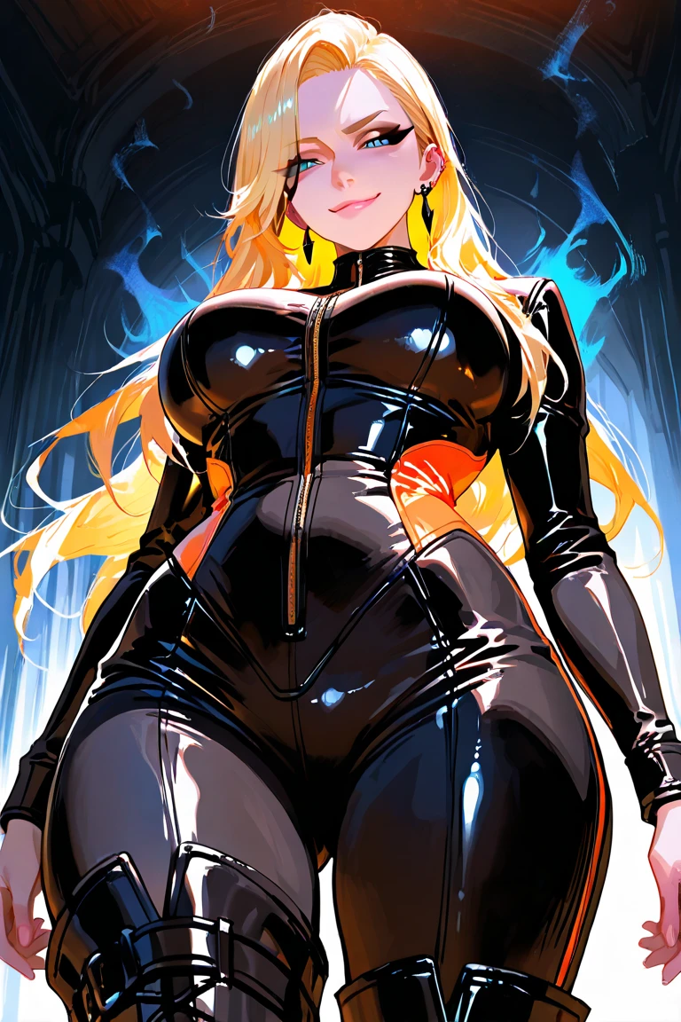 tmasterpiece， Best quality at best， highly  detailed，Latex Combat Suit，goddes，High value，Long legs，slightly fat big breasts，Body photo，pleatedskirt，Yellow hair，Pick and dye your hair，revealing the lower abdomen