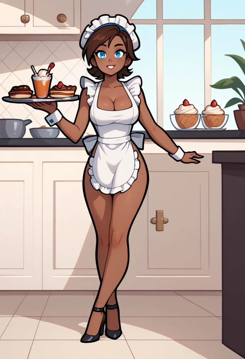 One,1 mature maid,wet cameltoe,(behind),sweating body,just hips,((Take a broom)),(public hair under apron), ????? white apron ,((dark skin)),trending on artstation, complex parts, very detailed,, complex parts лица,Curvy physique, fat body,((mature woman)),in the kitchen,bright, 4K, complex parts, big breasts are charming, Professional Production, resolution 12k,(Seductive smile),black hair