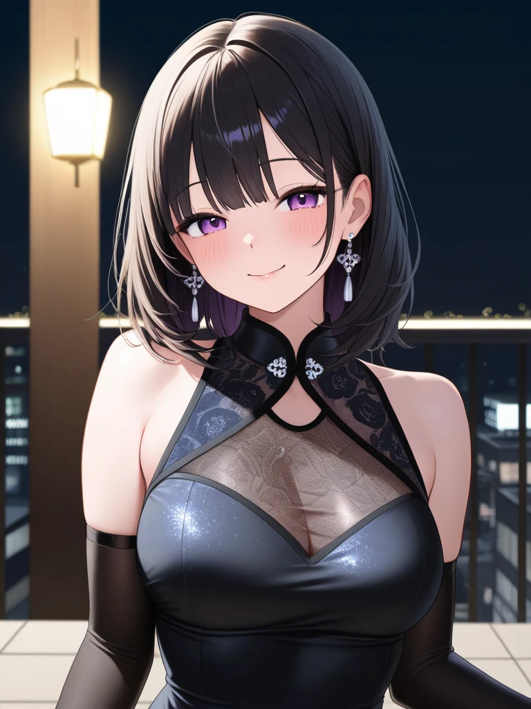 realistic, Golden hour lighting, midi dress, (Upper body), (idol), (Charming: 1), (purple short hair: 0.8), ((Puffy eyes)), Facing forward, Smiling, Laughing,Middle chest, 
