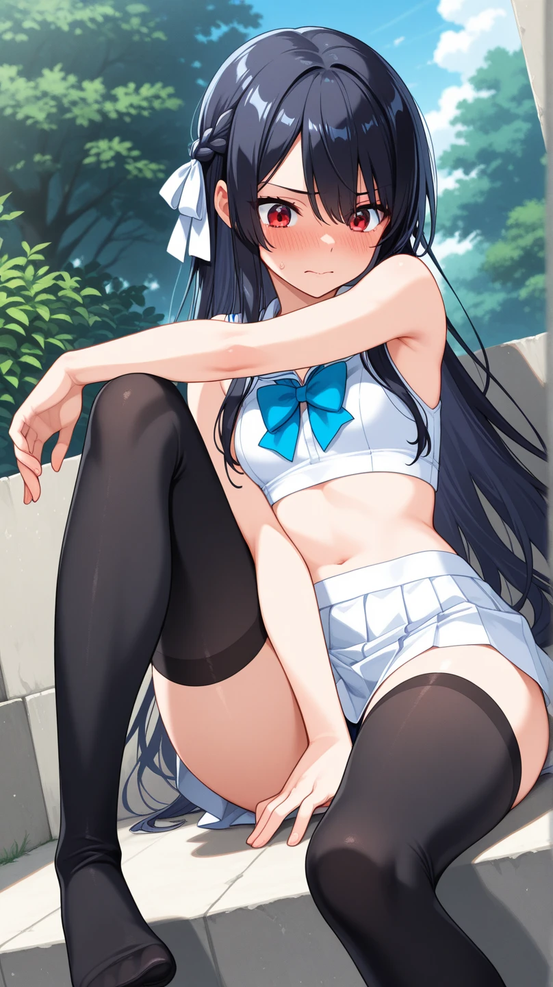 masterpiece, ultra quality, ultra sharp, ultra detailed, 1girl, solo, (good anatomy), haduki kurumi, (tattered torn dripping wet white gym shirt), navy gym pants, animal ears, randoseru, name tag, Japanese anime pose, laugh, BurumaShorts, Buruma, Gym Uniform, (((lying:1.4, spread_legs, legspread, split_legs, spreading legs)), (randoseru backpack:1.4), (((smirk smile))):1.4, buruma, blue buruma, black buruma, (cameltoe), (tattered torn short sleeve white gym uniform with colored hem), (tiny nipples), (white long loose socks), strong lighting, legspread, bukkake, cum on clothes, cum on legs, cum on buruma, cum on bloomers,