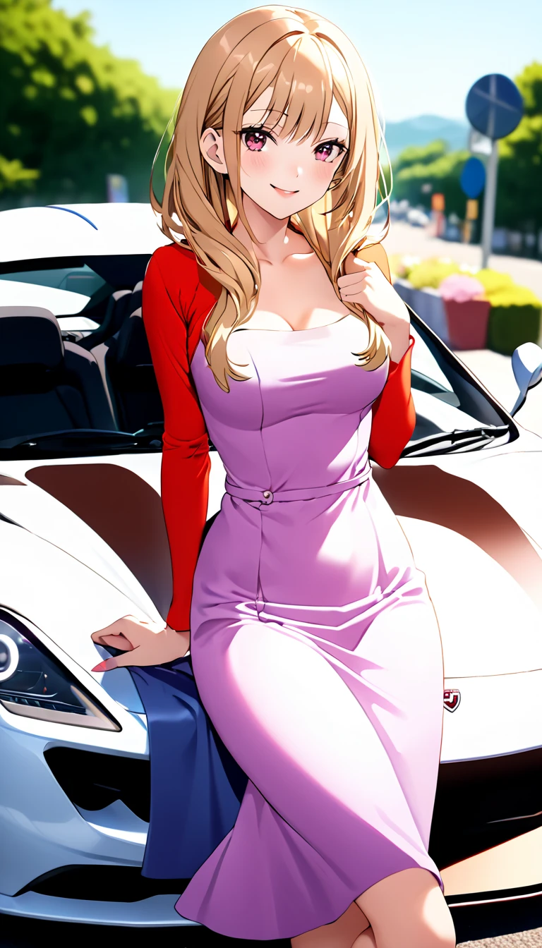 a pink car buggati, a waifu oppai, angry, hair blonde with hair highlights pink, blue and pink eyes, pink and white dress, kawaii