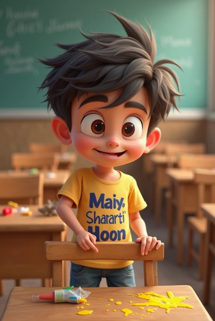 A boy 14 year boy sitting in class whose name is azhar write on his dress

