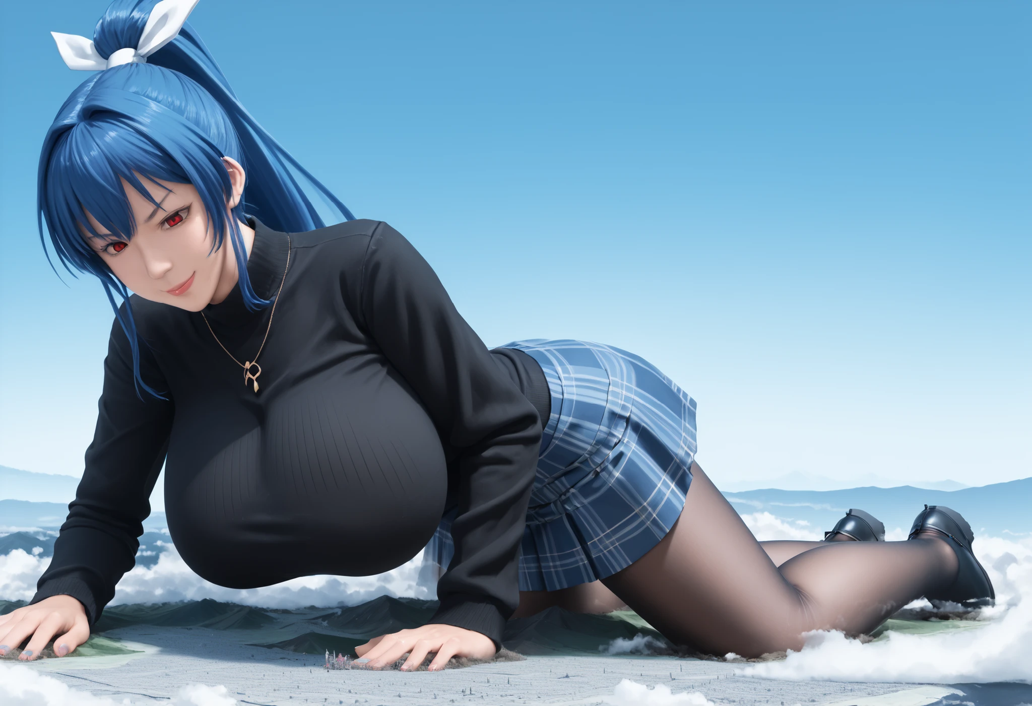score_9, score_8_up, score_7_up, source_anime, macro,1girl,landscape,solo, pov, busty, thick body, goddess, curvy, sky, on all fours,crawling,side view,smirk,full-body view, looking down, Meiya, smirking, long hair, high ponytail with a white ribbon, blue hair, red eyes, wearing black sweater, wearing blue plaid skirt, black pantyhose, huge breasts,