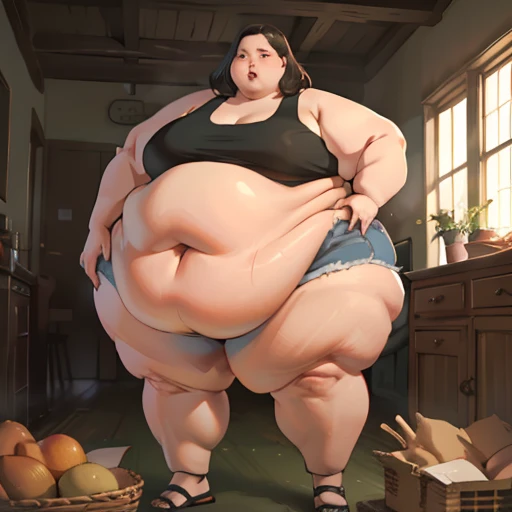 (masterpiece, best quality, highres, detailed, realistic:1.2), korean woman, young, ager, USSBBW, (morbidly obese, fatblob:1.5), (gigantic belly:1.3), (detailed face, beautiful face), high aesthetic, eating junk food, panties, surrounded by concerned friends, restauraunt