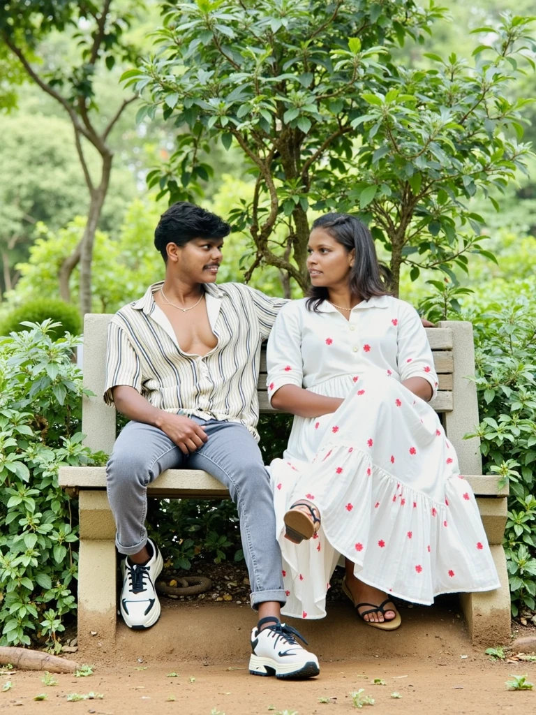 There are two people sitting on the grass in the backyard, sentado em um joelho na grama, Malika Favre, Thomas Anthony e Malika Favre, Justina Blakeney, they are in love, com palmeiras nas costas, Directed by: Nandor Soldier, inspirado em Francis Souza, inspirado em Nathan Oliveira, na grama